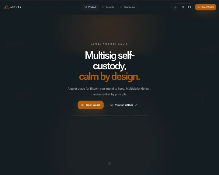 Úvodná obrazovka webu Asylia predstavujúca vlastnú správu Bitcoinu s viacerými podpismi a pokojným rozhraním