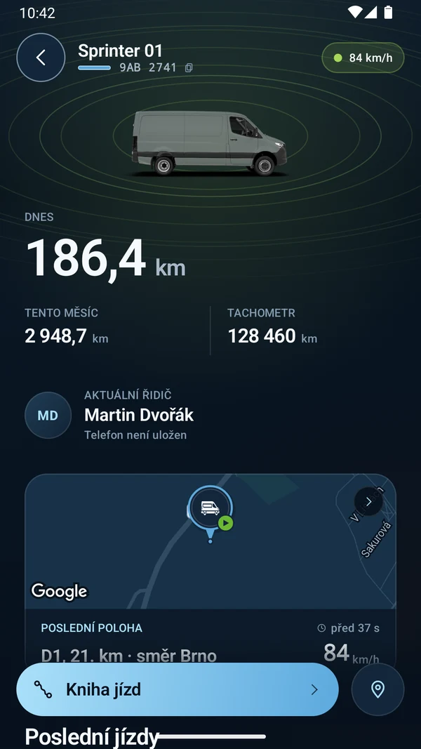 GPS Dozor 4.0 — detail ukážkového vozidla na Androide s rýchlosťou, nájazdom a poslednou polohou