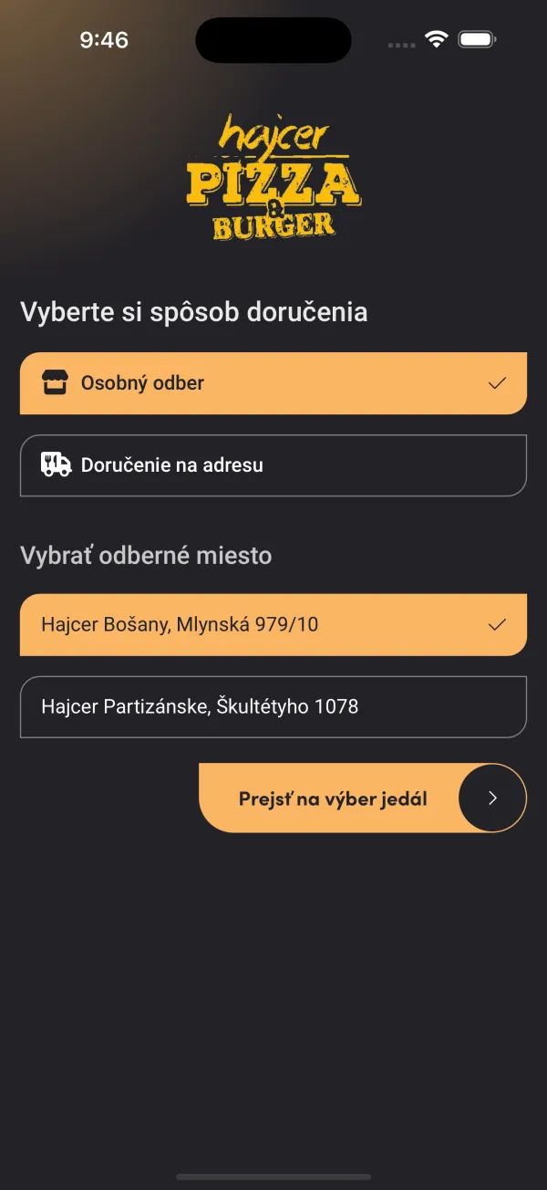 Hajcer — výber spôsobu doručenia a odberného miesta medzi dvoma pobočkami