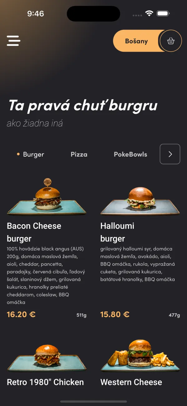 Hajcer — ponuka burgerov s cenami a kategóriami